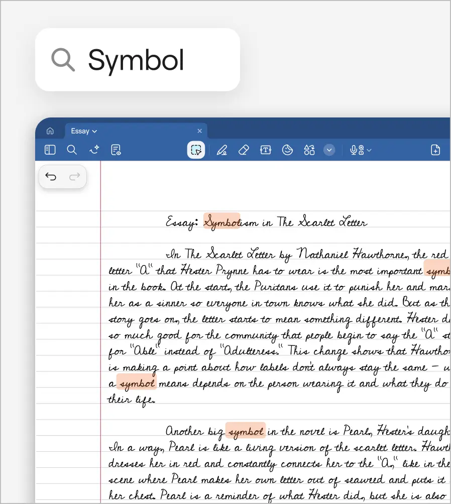『緋文字』における象徴主義について書かれた手書きの論文で、「シンボル」という言葉が何度も強調されている。