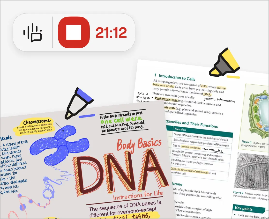 DNAと細胞生物学に関する解説付き学習ノート。テキストには重要な箇所が強調表示されており、染色体や細胞の機能に関する図解も掲載されています。