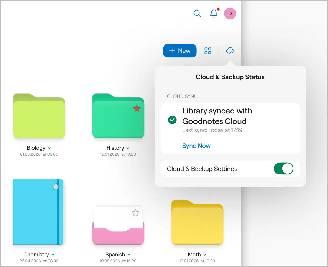 生物学、歴史、化学、スペイン語、数学用のデジタルフォルダ。Goodnotes と同期されるクラウドバックアップ機能付き。