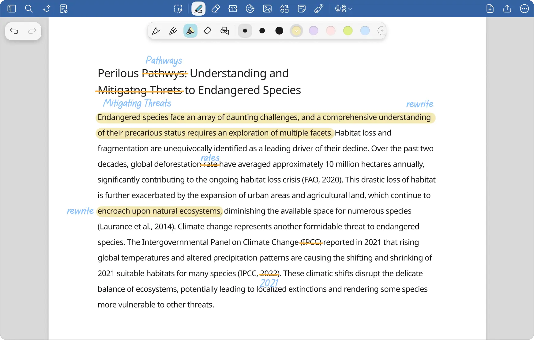 絶滅危惧種に関するPDFページ。テキストの一部がハイライトされており、青とオレンジ色の手書きの訂正が加えられている。