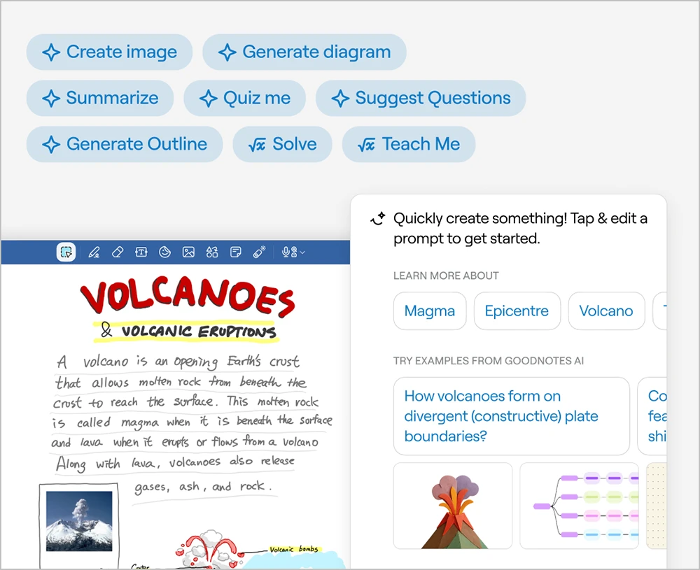 App interface showing AI writing features and a digital note on volcanoes with text and images.