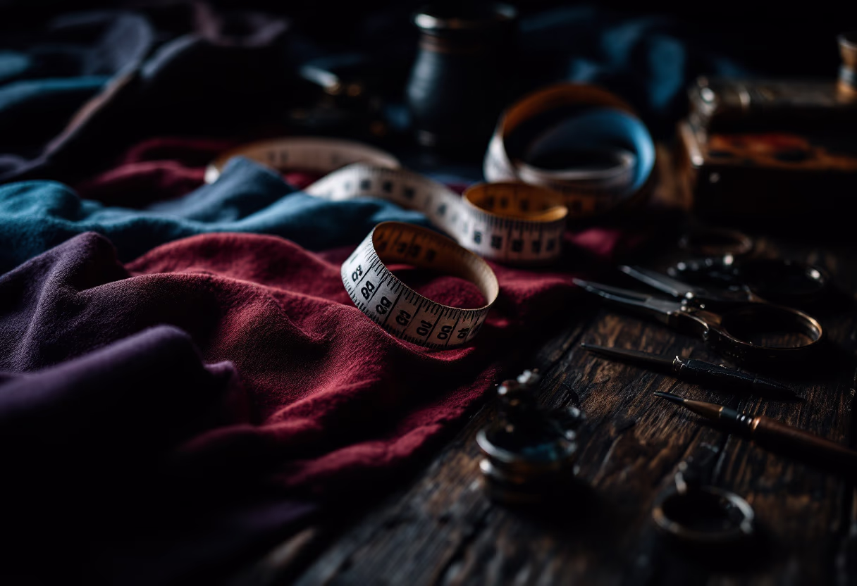 image of measuring tape and fabric on a table (for a tailors & alteration shop)