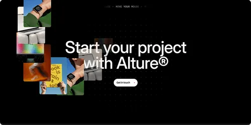 Collage of colorful and diverse images surrounding the text 'Start your project with Alture®' and a 'Get in touch' button on a black background.