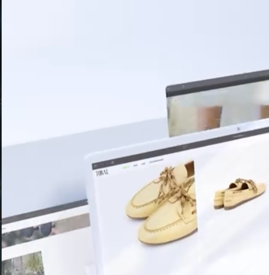 Pantallas de ordenador mostrando imágenes de zapatos beige tipo mocasín y sandalias con plataforma de Toral Shoes, cliente de DC Departamento Creativo