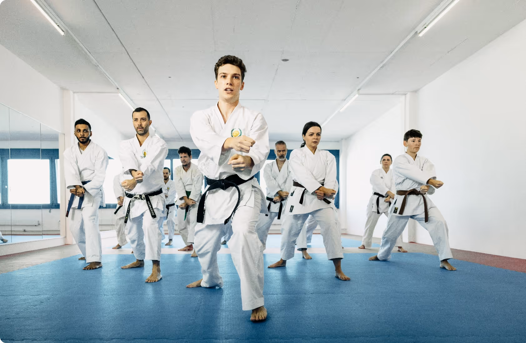 Group of martial artists practicing in a dojo wearing white uniforms and different colored belts, performing a forward stance with arm strikes.