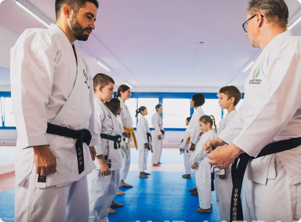 Karate students of various ages lined up facing each other in a dojo, wearing white gis and colored belts.