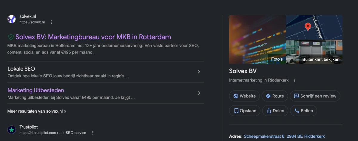 screenshot van de google bedrijfsprofiel van solvex