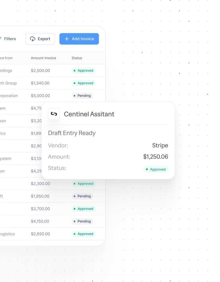 Invoice management interface showing a list of invoices with amounts and status labeled as Approved or Pending, plus a notification card for a draft entry ready from vendor Stripe with amount $1,250.06 and status Approved.