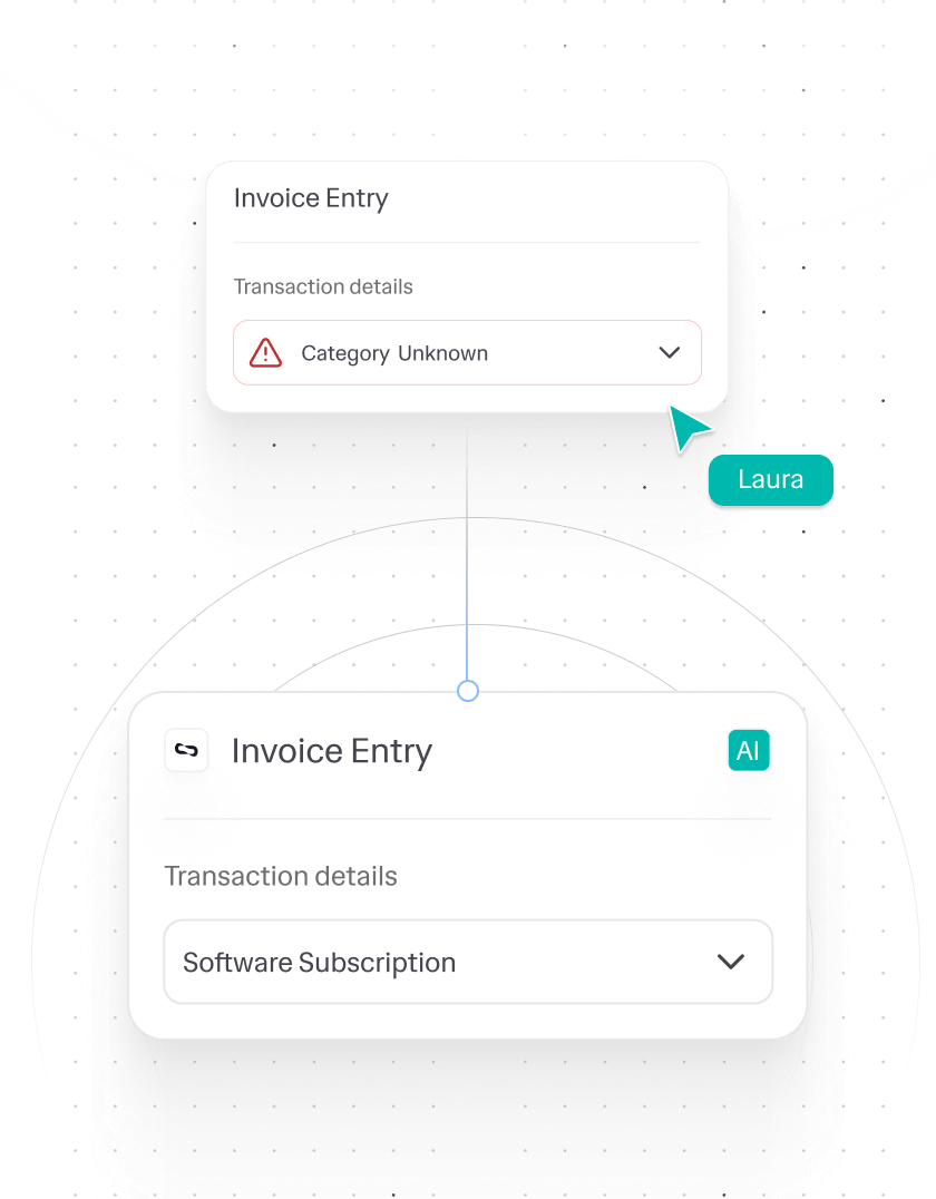 Comparison of two invoice entry forms; one with a warning 'Category Unknown' and the other labeled 'AI' with 'Software Subscription' selected.