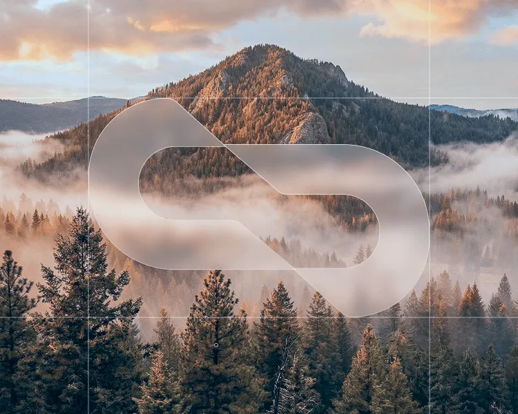 Mountain landscape with pine trees and mist, overlaid by a translucent chain link icon.