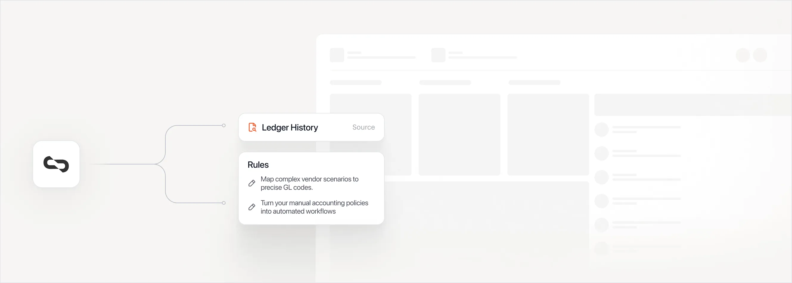 Icon of a chain link connected to a panel titled Ledger History showing rules to map vendor scenarios to GL codes and automate accounting policies.