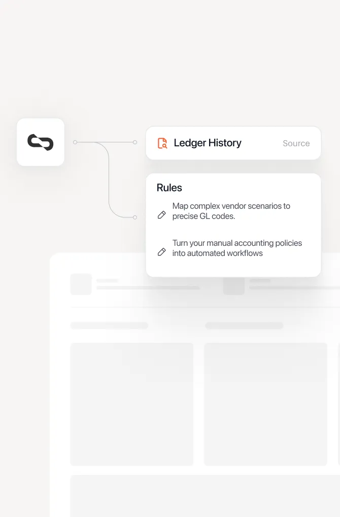Icon of a chain link connected to a panel titled Ledger History showing rules to map vendor scenarios to GL codes and automate accounting policies.