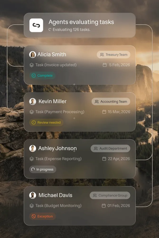 Task evaluation dashboard showing four agents with their tasks, status, teams, and due dates over a mountainous sunset background.