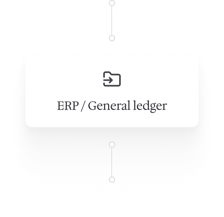 White rectangular button with an arrow icon labeled ERP / General ledger on a dark background.