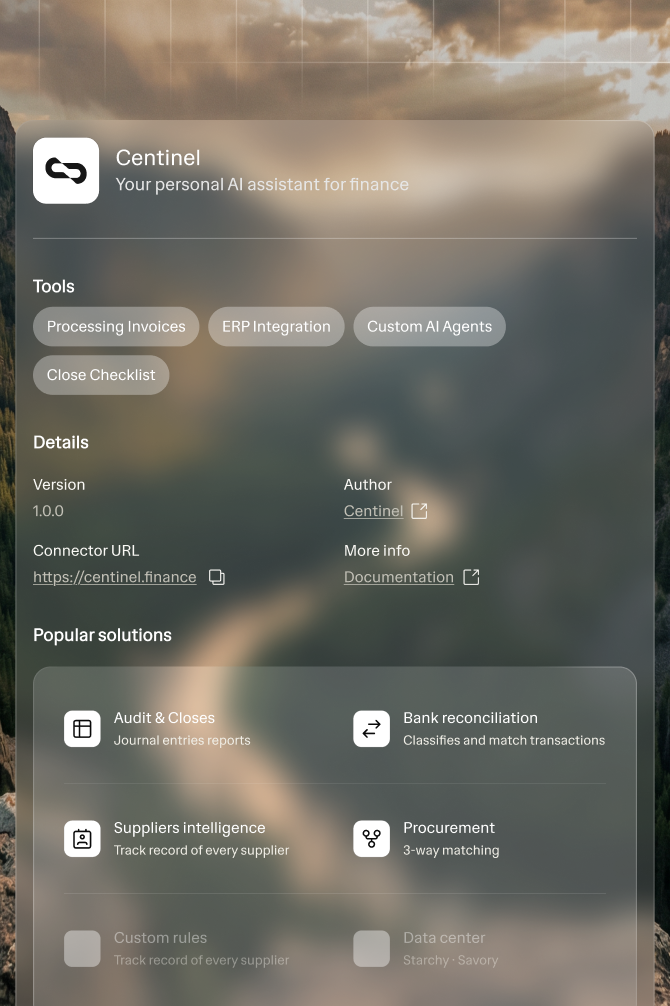Flowchart overlay on a mountain landscape showing invoice processing steps: Processing invoices with 748 invoices, journal entry to ERP marked approved, supplier account, G/L account, and cost center all synced with 74 invoices, and uploading invoices status uploading with 74 invoices.