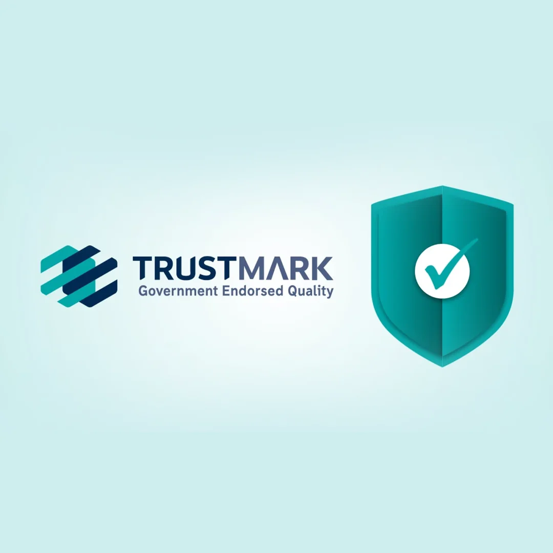 TrustMark logo with overlapping bars and a shield with a checkmark symbolizing government endorsed quality.