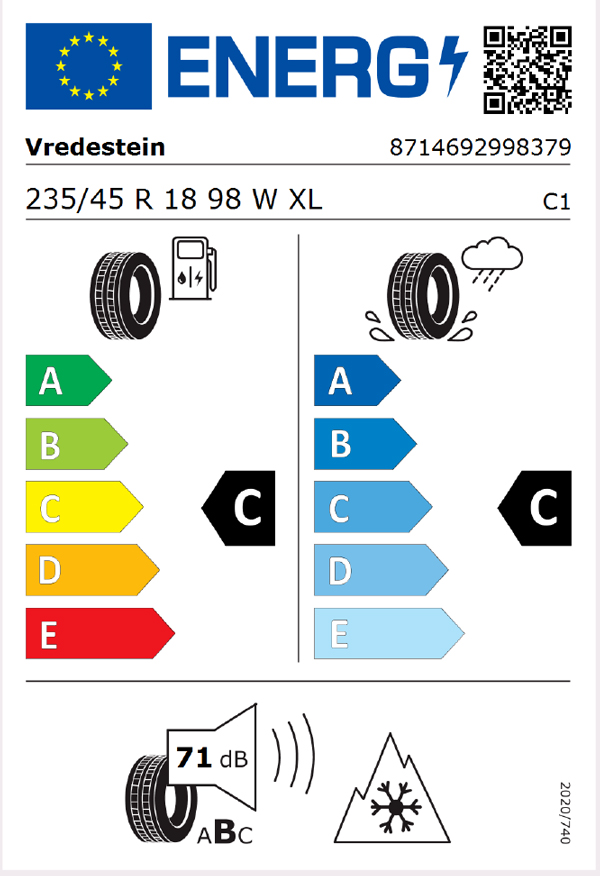 EU tire label for Vredestein 235/45 R18 98W XL showing C ratings for fuel, wet grip, 71dB noise, and winter symbol. Für Tesla Modell 3.