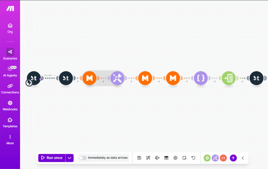 Workflow automation interface with connected modules and a purple sidebar menu showing options like Org, Scenarios, AI Agents, Connections, Webhooks, and Templates.