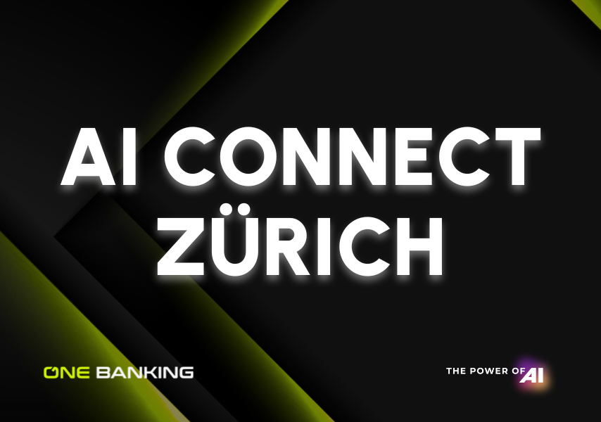 Text reading 'AI CONNECT ZÜRICH' in white bold letters on a black and green geometric background with logos for ONE BANKING and the phrase 'THE POWER OF AI.'