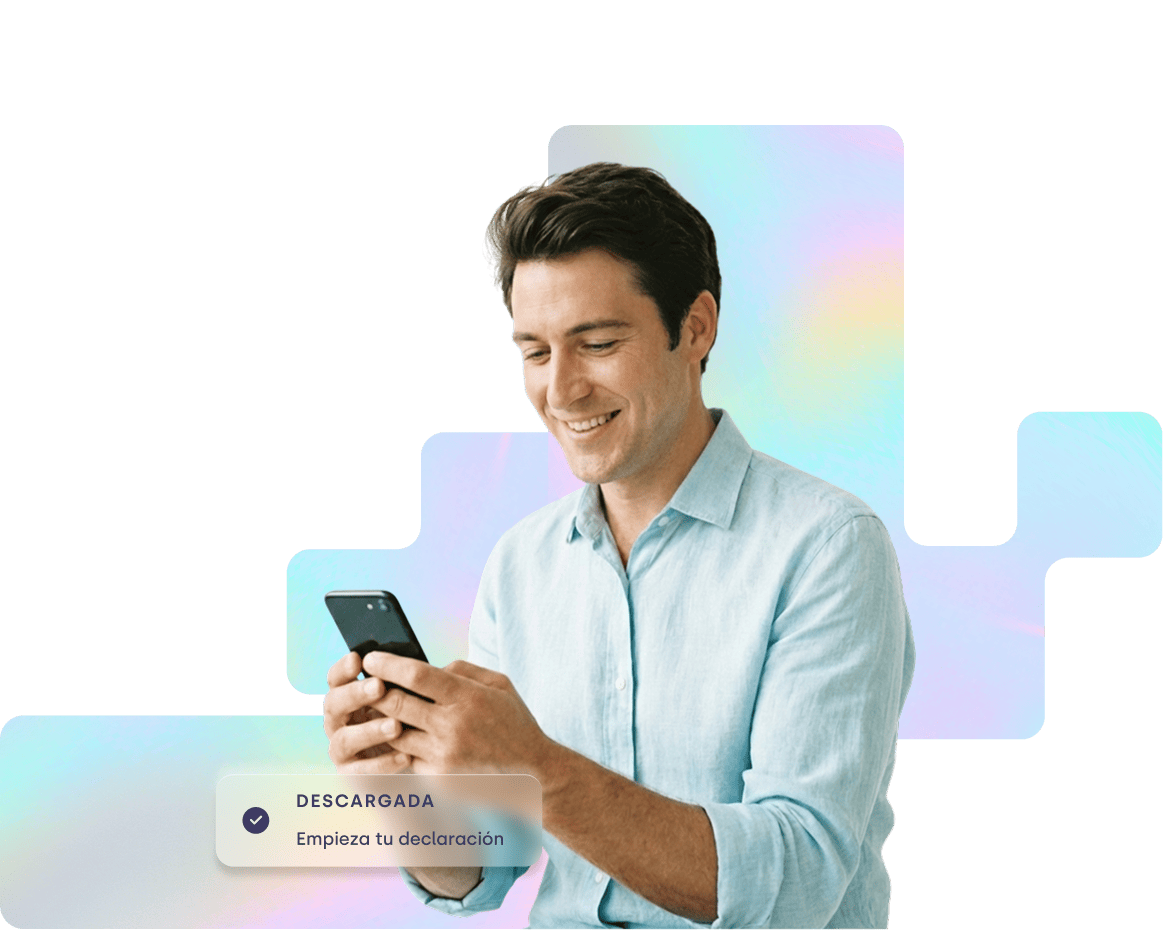 Persona usando su teléfono móvil para descargar y comenzar una declaración fiscal desde la app.