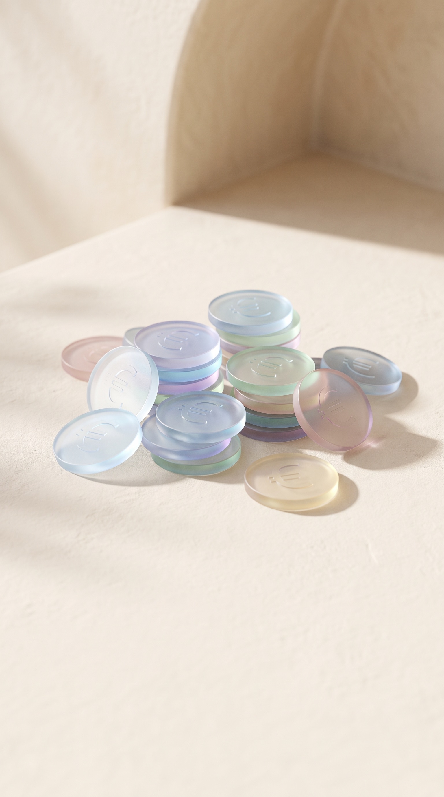 Monedas de cristal iridiscente con el símbolo del euro en relieve, sobre estuco color crema