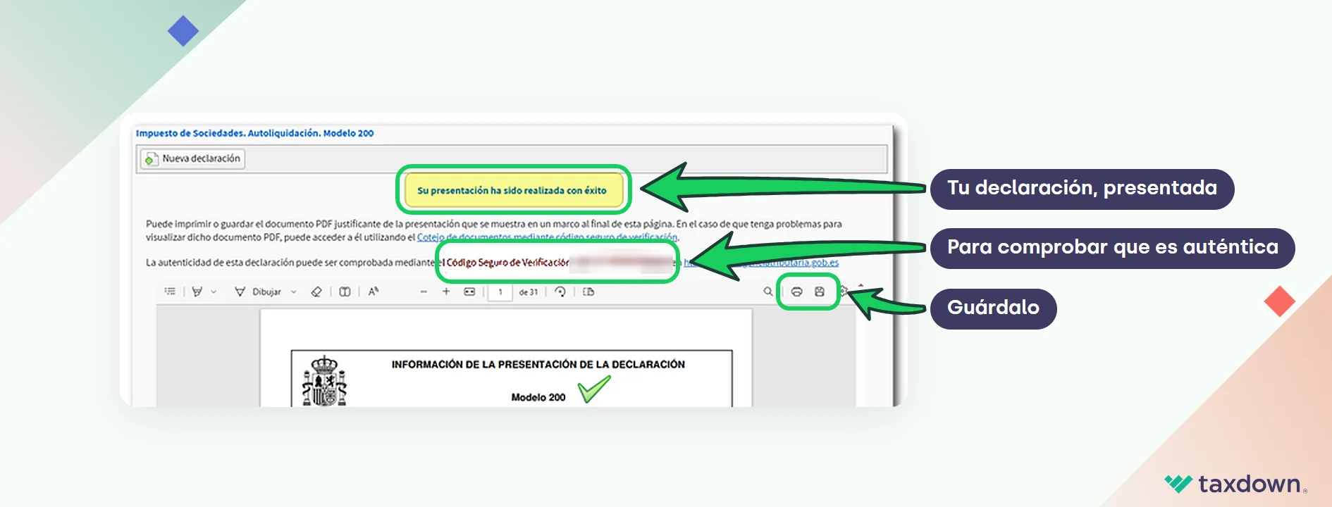 Confirmación de presentación del modelo 200 con el código seguro de verificación y el justificante en PDF
