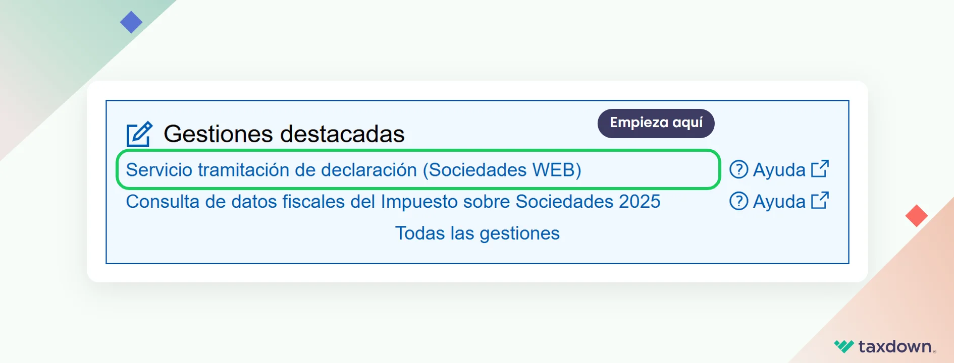 Página del modelo 200 en la sede de la Agencia Tributaria con el acceso a Sociedades WEB resaltado