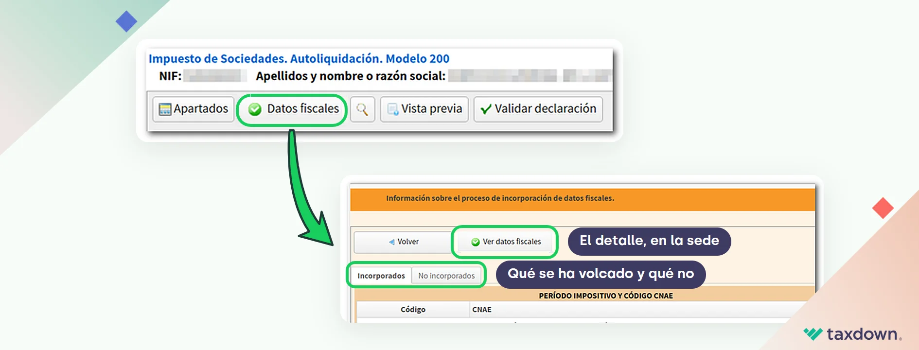 Botón Datos fiscales de Sociedades WEB y lista de datos incorporados al modelo 200