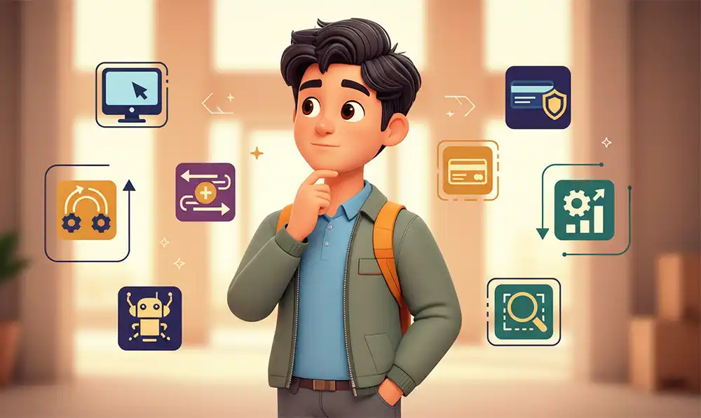 Ilustracja postaci z elementami interfejsu systemu sprzedaży i automatyzacji