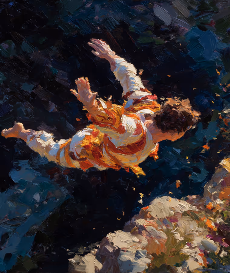 Personne seule en robe rouge rament un petit bateau sur l'eau sous un ciel illuminé par le coucher de soleil.