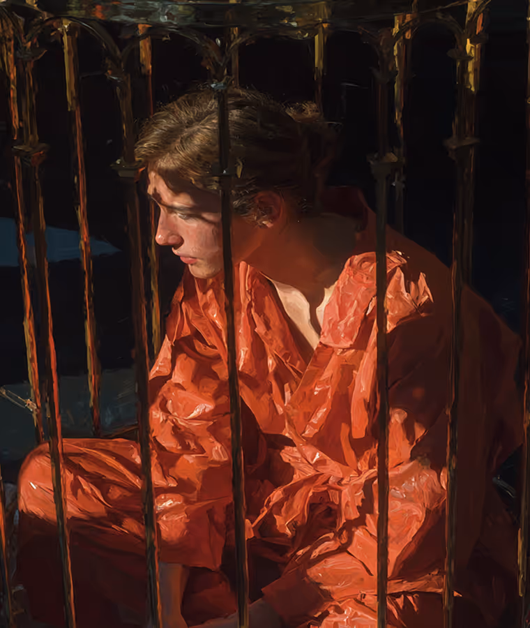 Un homme assis derrière des barreaux métalliques, vêtu d'une combinaison orange, regardant vers la gauche.