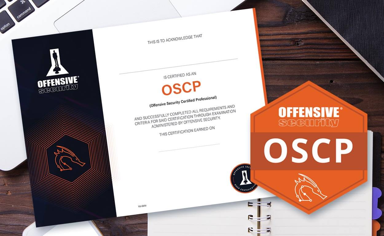 Offensive Security OSCP (Offensive Security Certified Professional) certificate on a desk with a laptop and notebook.