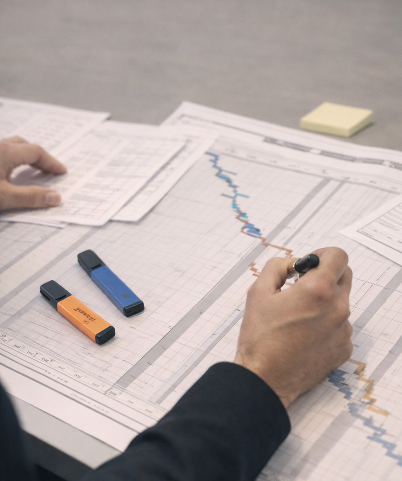 Hand tekent op een projectplanning met een pen naast markeerstiften en papieren op een bureau.