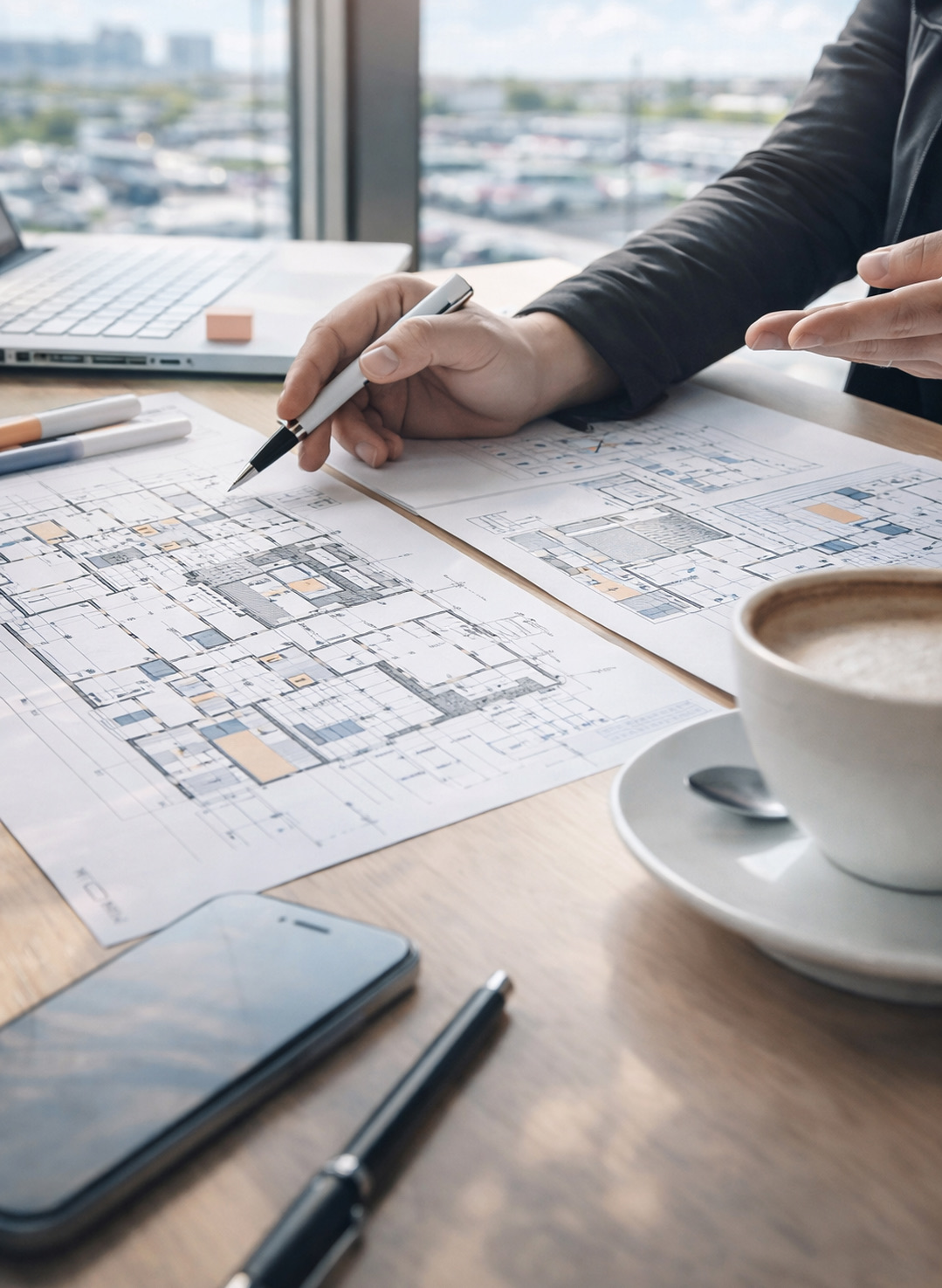 Hand wijst met pen op architectuurplattegronden op een bureau met laptop, telefoon en een kop koffie.