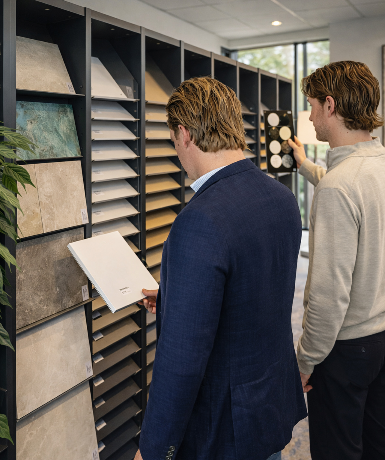 Twee mannen bekijken tegelstalen in een showroom, met een rek vol verschillende kleuren en texturen tegels.