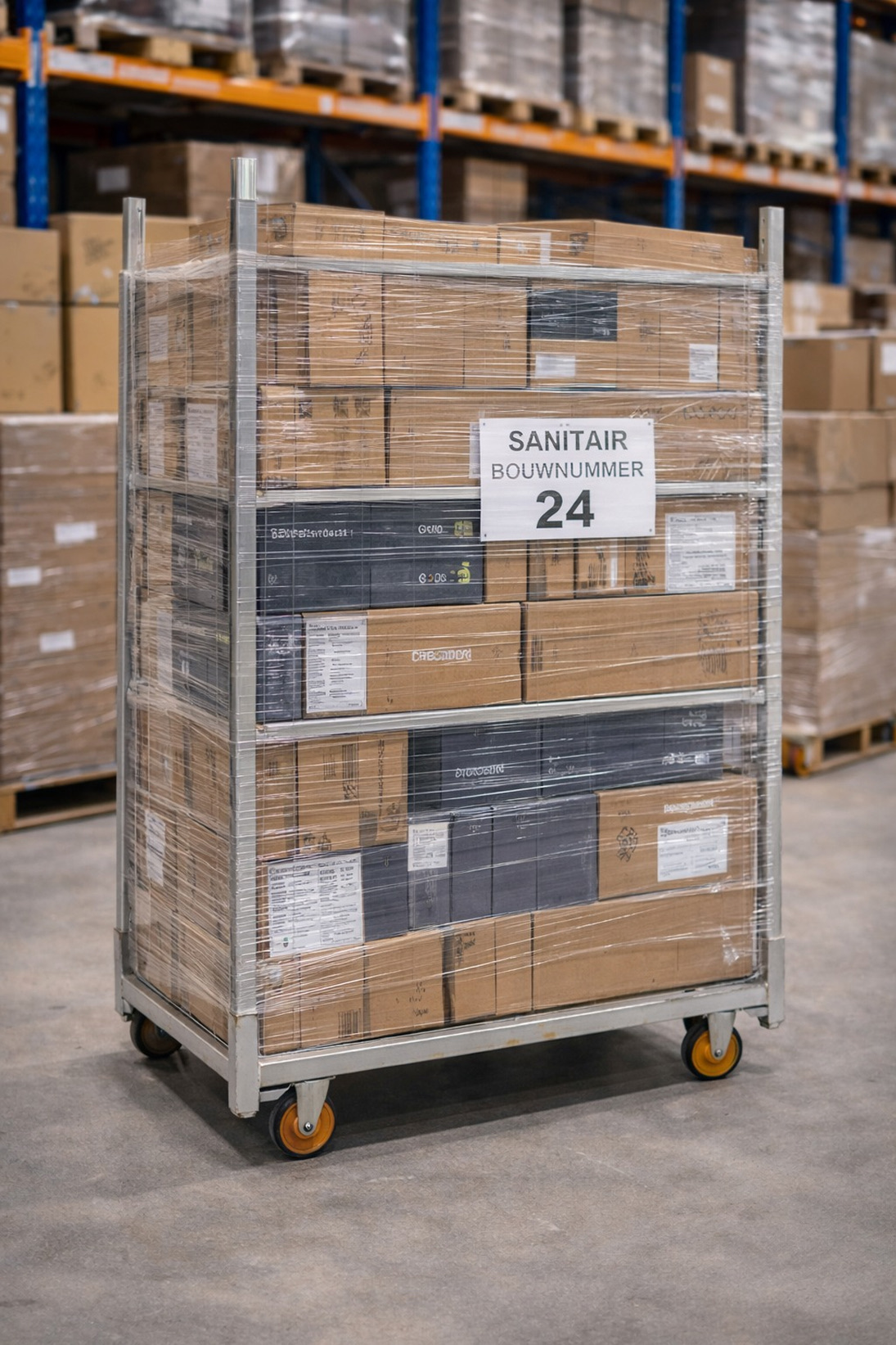 Stapel dozen verpakt in plastic op een metalen kar met vier wielen in een magazijn, met een label 'Sanitair Bouwnummer 24'.