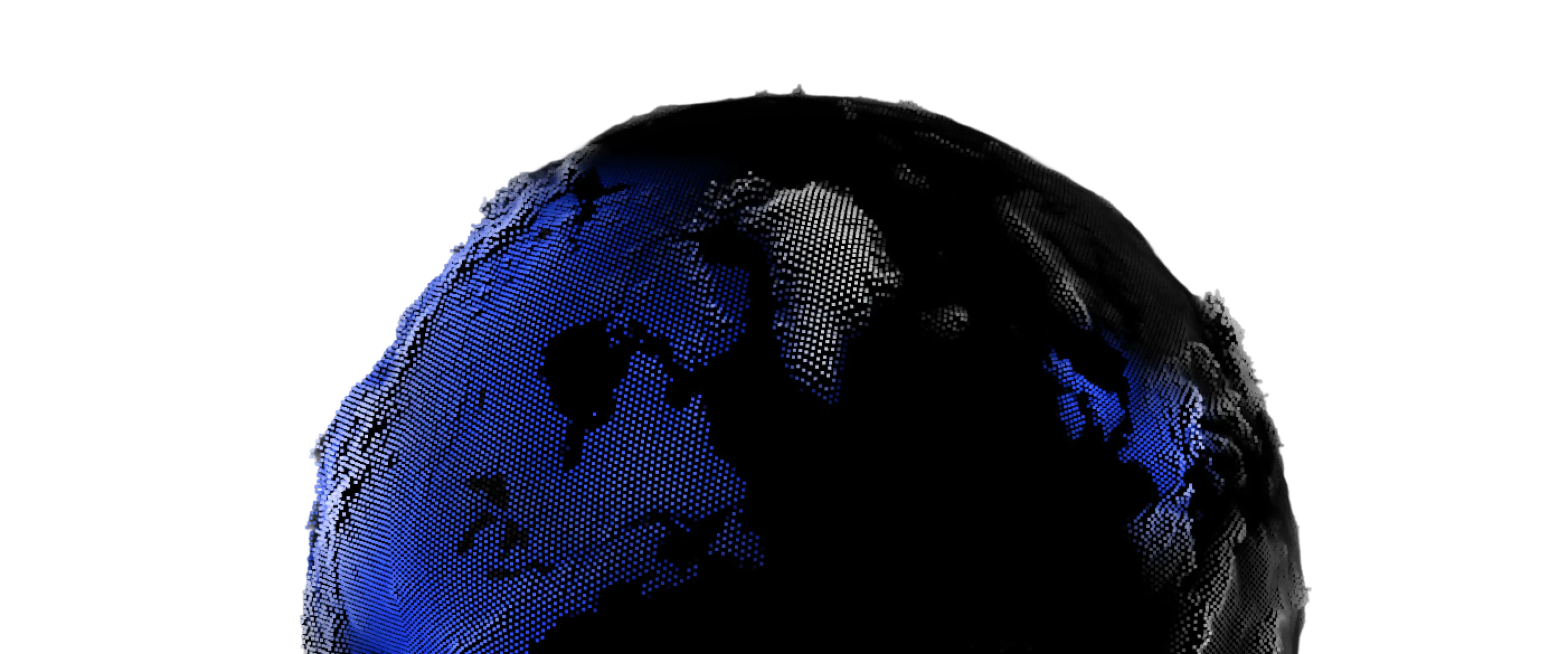 Digital globe showing the Arctic region with North America, Greenland, and parts of Eurasia in blue and white pixelated dots on a black background.