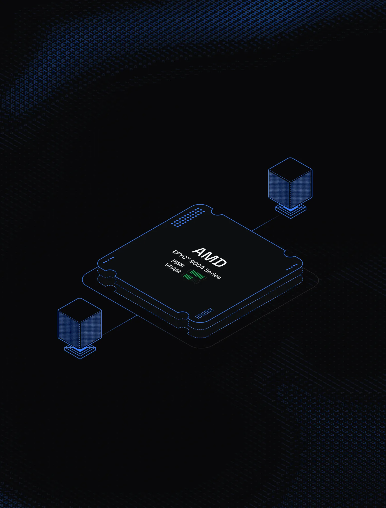 Illustration of an AMD EPYC 9004 Series processor chip connected to two cube-shaped components, on a dark background.