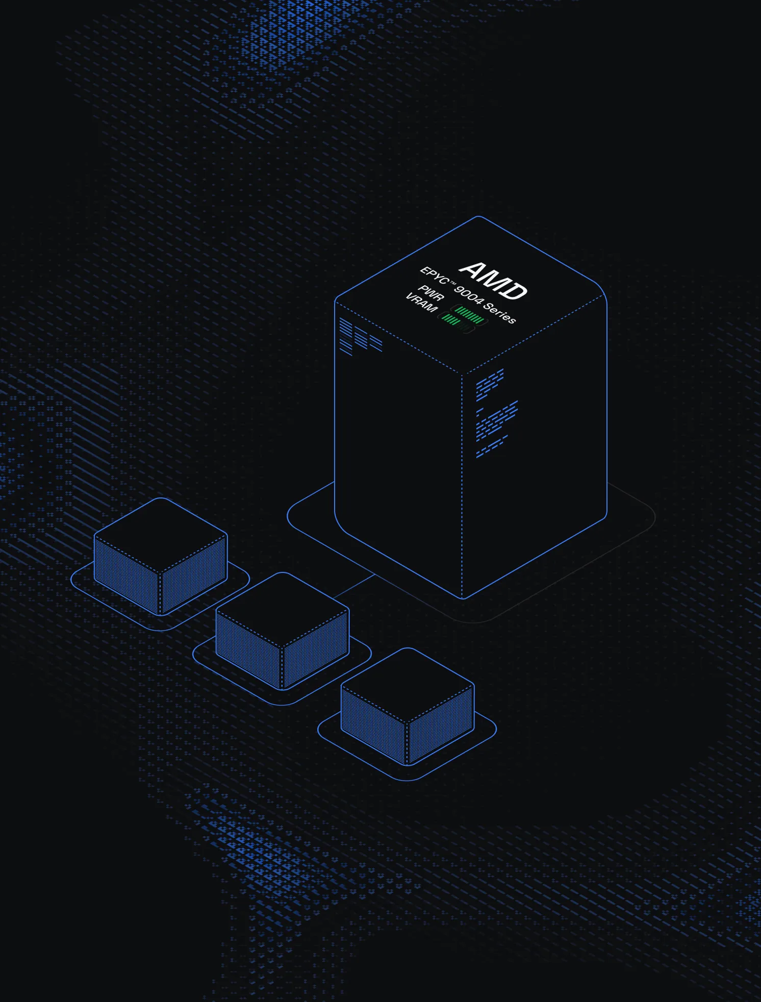 Isometric illustration of an AMD EPYC 9004 Series processor with connected smaller blocks representing components like PMR and VRAM.
