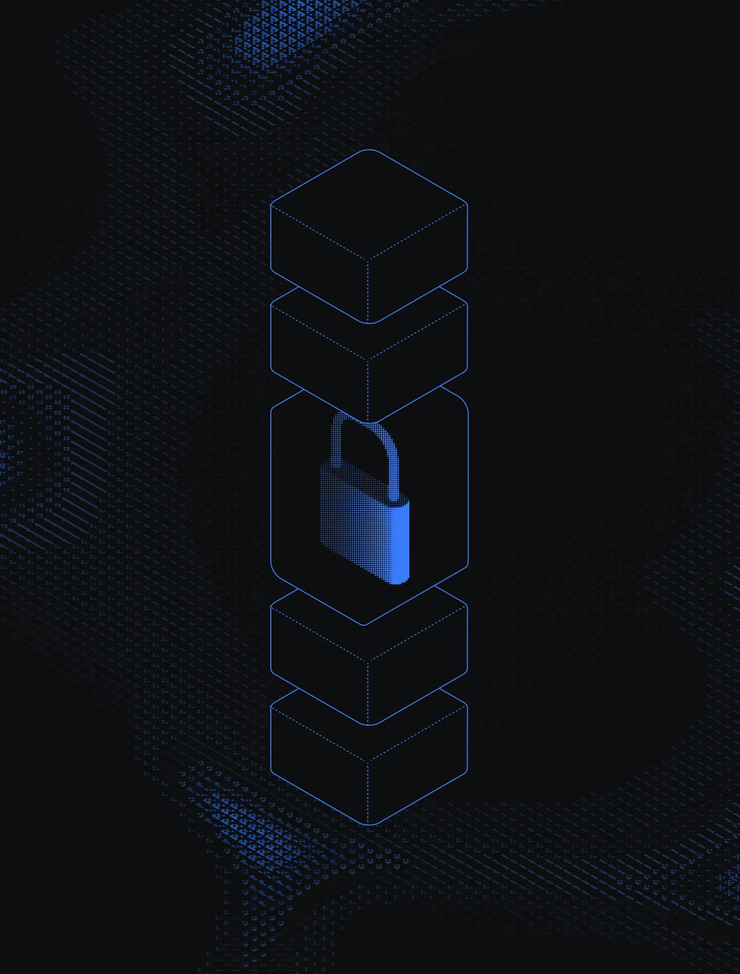 Digital isometric illustration of a blue padlock within stacked transparent cubes, symbolizing cybersecurity or data protection.