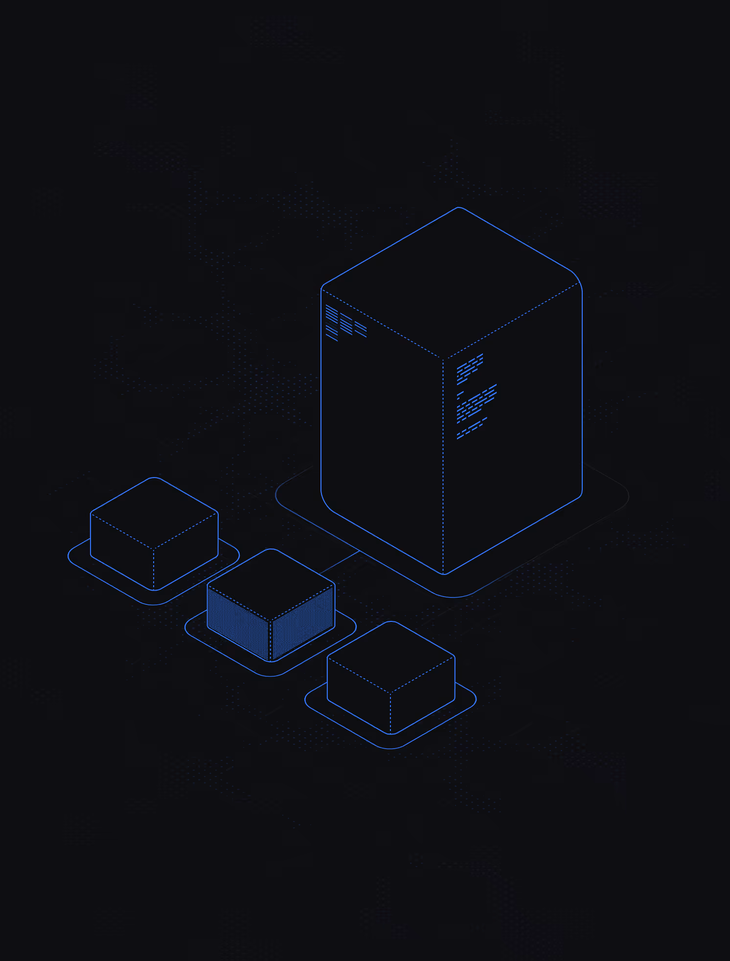 Isometric illustration of a large server or data storage unit connected to three smaller cubes on a dark background.