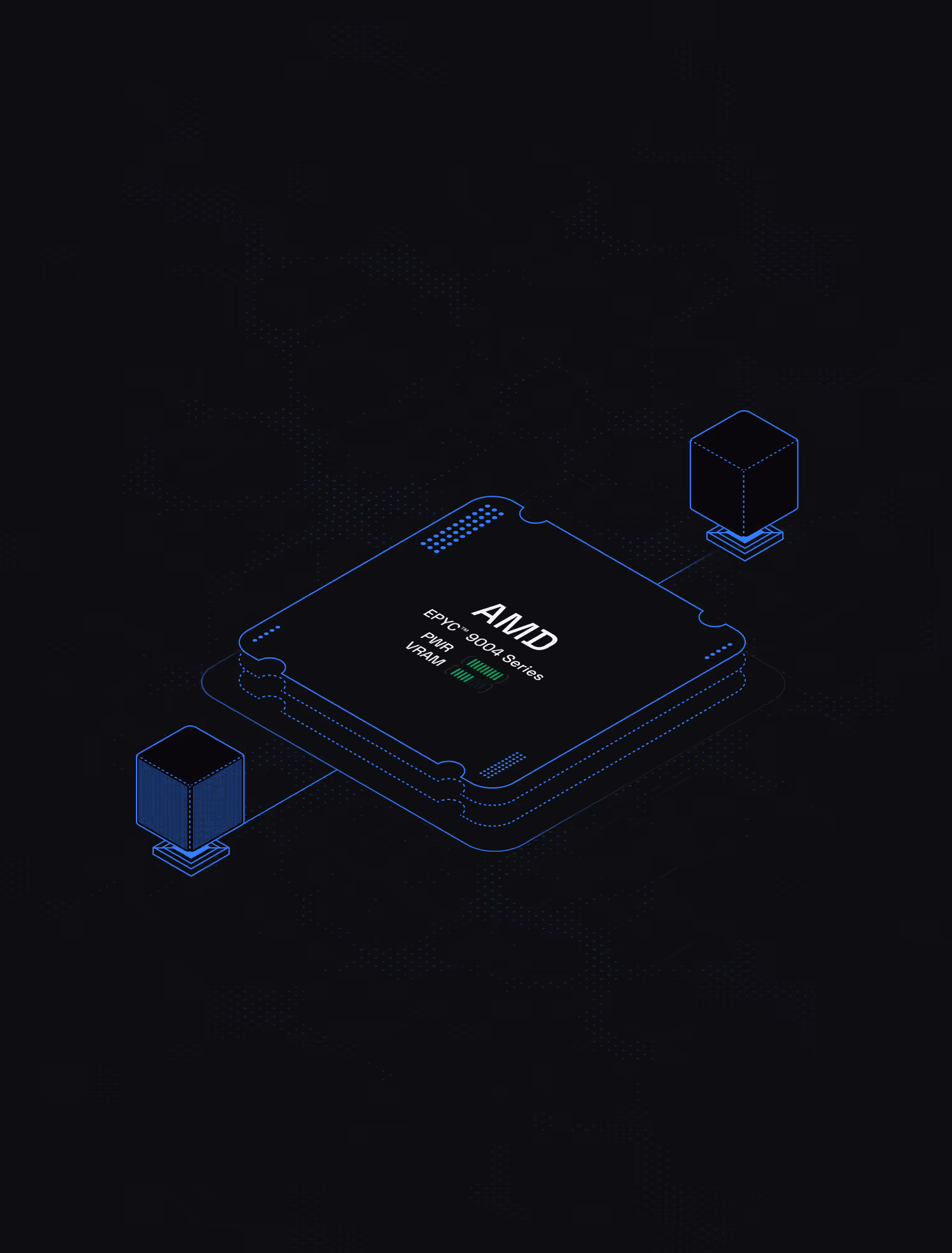 Isometric illustration of an AMD EPYC 9004 Series chip with indicators for power and VRAM, connected to two cube-shaped components.