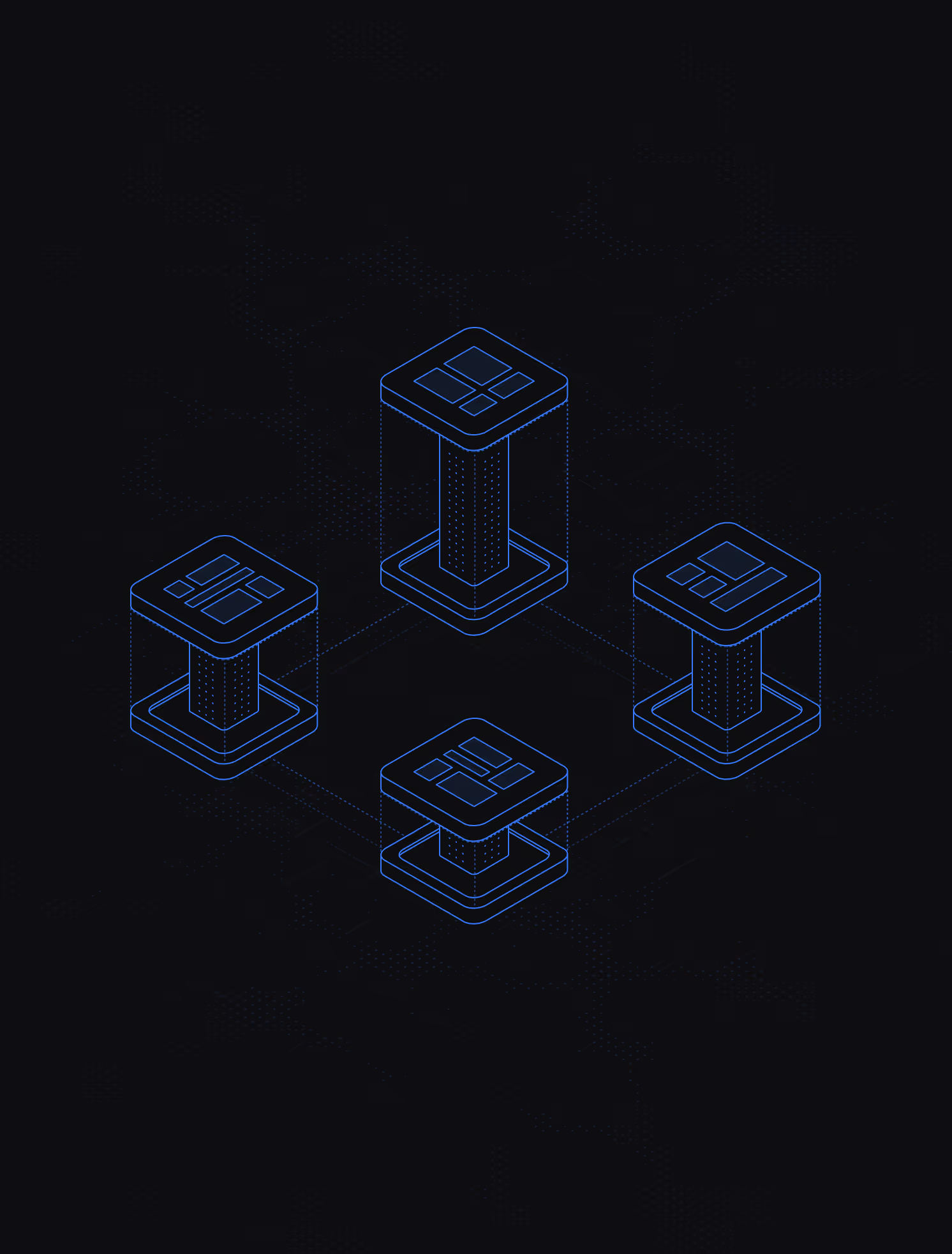 Isometric digital network with four interconnected blue outlined nodes on a dark background.