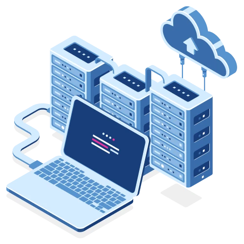 Isometric illustration of a laptop connected to three server racks with a cloud upload icon above, representing cloud computing or data hosting.