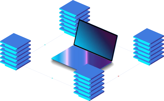 Isometric illustration of a laptop connected to four stacks of blue data servers representing networked data storage.