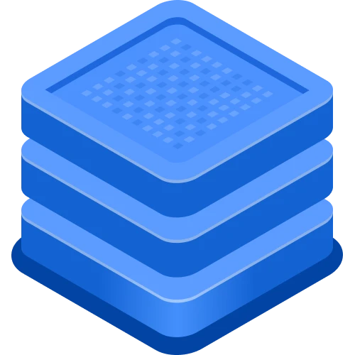 Stylized blue isometric stack of three rounded square layers with pixel pattern on the top layer.