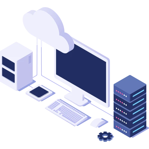 Illustration of cloud computing with a cloud connected to a desktop computer, keyboard, mouse, chip, and server racks.