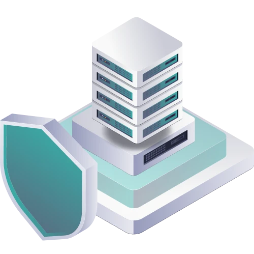 Illustration of a stack of servers with a shield symbolizing data protection and cybersecurity.