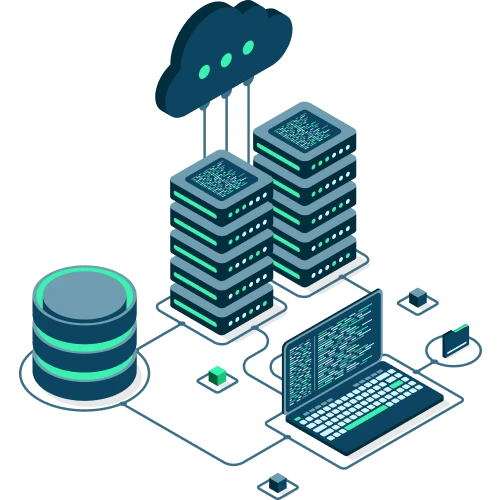 Isometric illustration of data servers connected to a laptop and a cloud, symbolizing cloud computing and data processing.