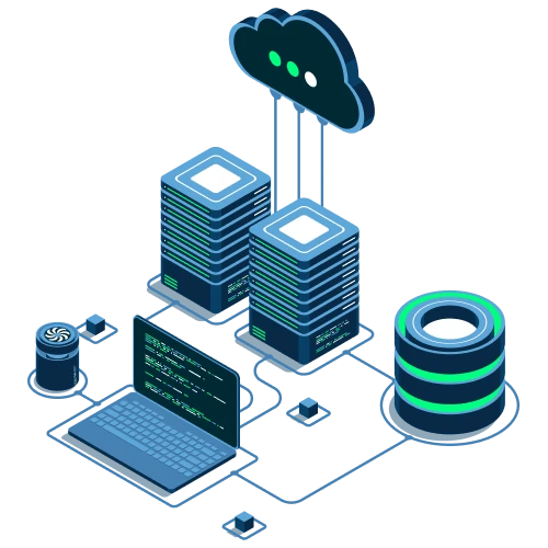 Isometric illustration of cloud computing with servers, data storage, and a laptop displaying code connected to a cloud.